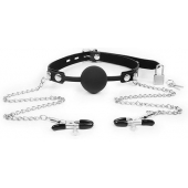 Черный кляп-шарик с зажимами на соски на металлической цепочке - Notabu - купить с доставкой в Майкопе