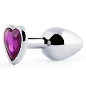 Серебристая анальная пробка с фиолетовым кристаллом-сердечком - 8 см. - Anal Jewelry Plug - купить с доставкой в Майкопе