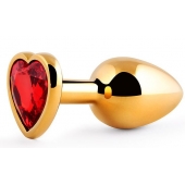 Золотистая анальная пробка с красным стразом-сердечком - 8 см. - Anal Jewelry Plug - купить с доставкой в Майкопе