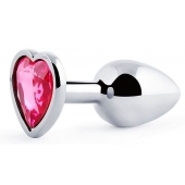 Серебристая анальная пробка с розовым кристаллом-сердечком - 7 см. - Anal Jewelry Plug - купить с доставкой в Майкопе