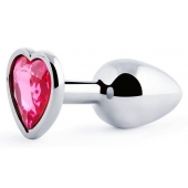 Серебристая анальная пробка с малиновым кристаллом-сердечком - 7 см. - Anal Jewelry Plug - купить с доставкой в Майкопе