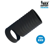 Черная открытая насадка на пенис с кольцом для мошонки XXL-size - 9,4 см. - Sex Expert - в Майкопе купить с доставкой