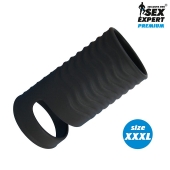 Черная открытая насадка на пенис с кольцом для мошонки XXXL-size - 9,9 см. - Sex Expert - в Майкопе купить с доставкой
