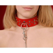 Красный кожаный ошейник с карабином и поводком - Sitabella - купить с доставкой в Майкопе