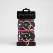 Черные кожаные наручники с розовой строчкой - Crazy Handmade - купить с доставкой в Майкопе