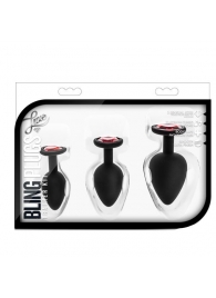 Набор черных анальных пробок с красным кристаллом-сердечком Bling Plugs Training Kit - Blush Novelties - купить с доставкой в Майкопе