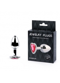 Серебристая анальная пробка с малиновым кристаллом-сердечком - 7 см. - Anal Jewelry Plug - купить с доставкой в Майкопе