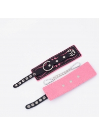 Черно-розовые кожаные наручники с розовой строчкой - Crazy Handmade - купить с доставкой в Майкопе