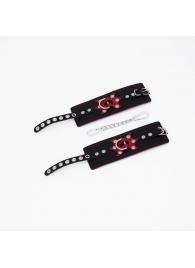 Черные кожаные наручники с красным декором и строчкой - Crazy Handmade - купить с доставкой в Майкопе