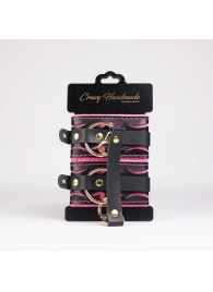 Черные кожаные оковы с розовой строчкой - Crazy Handmade - купить с доставкой в Майкопе