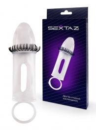 Закрытая насадка на пенис с подхватом мошонки и стимулирующими «ресничками» - Sextaz - в Майкопе купить с доставкой
