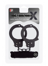 Чёрные наручники из листового металла в комплекте с веревкой BONDX METAL CUFFS LOVE ROPE SET - Dream Toys - купить с доставкой в Майкопе
