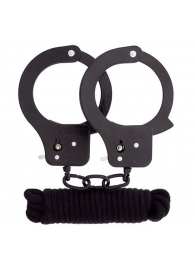 Чёрные наручники из листового металла в комплекте с веревкой BONDX METAL CUFFS LOVE ROPE SET - Dream Toys - купить с доставкой в Майкопе
