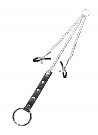 Серебристо-чёрные зажимы для сосков с кольцом для пениса TOYFA Metal - ToyFa - купить с доставкой в Майкопе