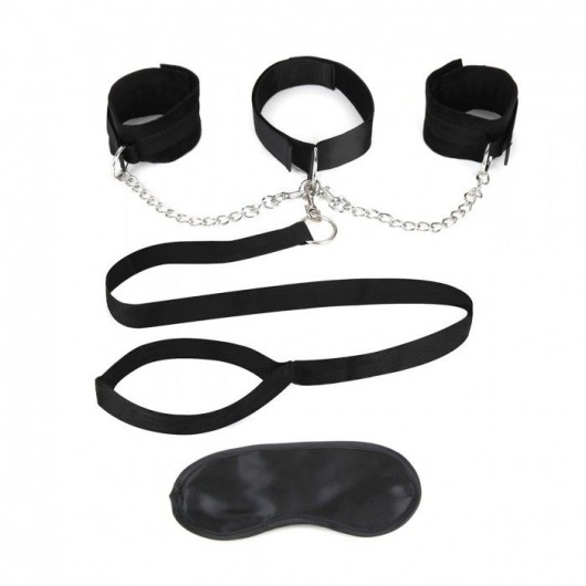 Чёрный ошейник с наручниками и поводком Collar Cuffs   Leash Set - Lux Fetish - купить с доставкой в Майкопе