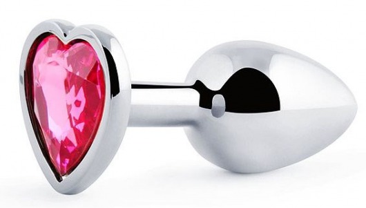Серебристая анальная пробка с розовым кристаллом-сердечком - 7 см. - Anal Jewelry Plug - купить с доставкой в Майкопе