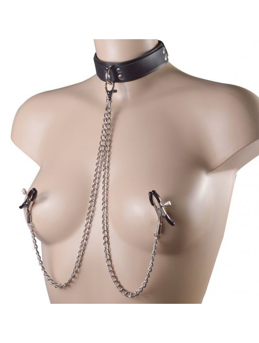 Черный ошейник с металлическими зажимами на соски и поводком - Sitabella - купить с доставкой в Майкопе