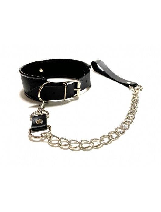 Черный ошейник с поводком из эко-кожи - БДСМ Арсенал - купить с доставкой в Майкопе