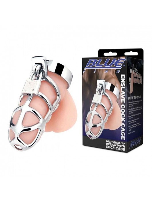 Серебристая металлическая клетка для члена с замком Enslave Cock Cage - BlueLine - купить с доставкой в Майкопе