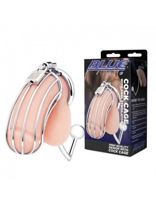 Серебристая металлическая клетка с анальным стимулятором Cock Cage - BlueLine - купить с доставкой в Майкопе