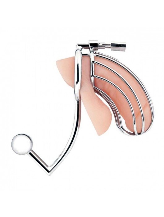 Серебристая металлическая клетка с анальным стимулятором Cock Cage - BlueLine - купить с доставкой в Майкопе