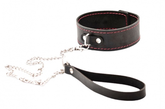 Черный широкий ошейник с красной строчкой и поводком - Crazy Handmade - купить с доставкой в Майкопе