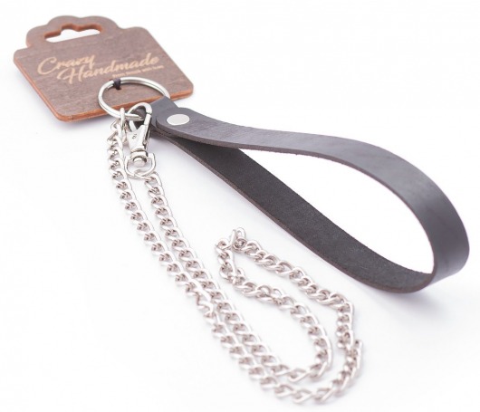 Серебристый металлический поводок с кожаной черной ручкой - 80 см. - Crazy Handmade - купить с доставкой в Майкопе