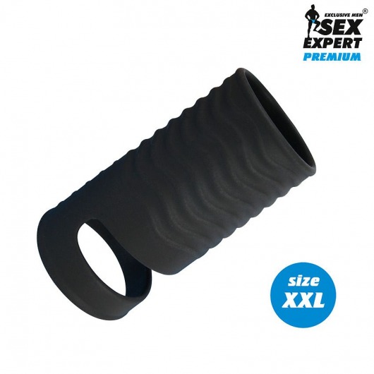 Черная открытая насадка на пенис с кольцом для мошонки XXL-size - 9,4 см. - Sex Expert - в Майкопе купить с доставкой