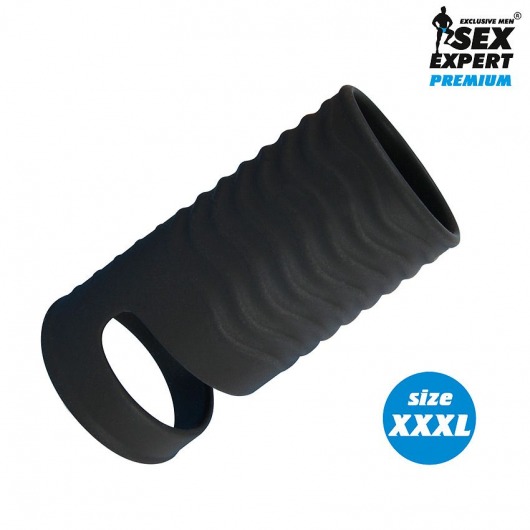 Черная открытая насадка на пенис с кольцом для мошонки XXXL-size - 9,9 см. - Sex Expert - в Майкопе купить с доставкой