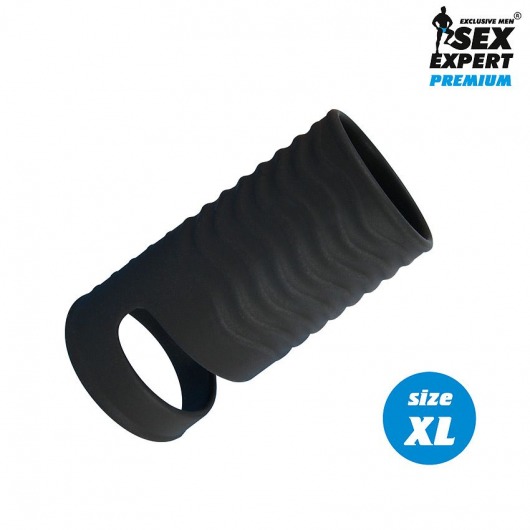 Черная открытая насадка на пенис с кольцом для мошонки XL-size - 8,9 см. - Sex Expert - в Майкопе купить с доставкой