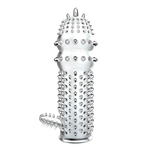 Прозрачная насадка на пенис с шипами и стимулятором клитора - 14,2 см. - Baile - в Майкопе купить с доставкой