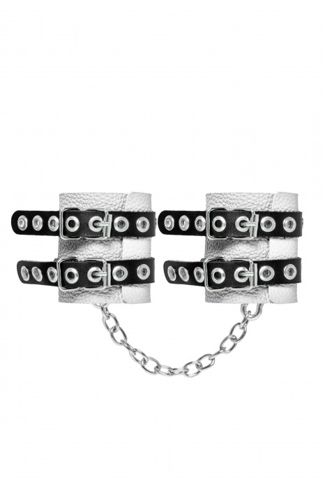 Бело-черные наручники с двумя ремешками и люверсами - Pecado - купить с доставкой в Майкопе