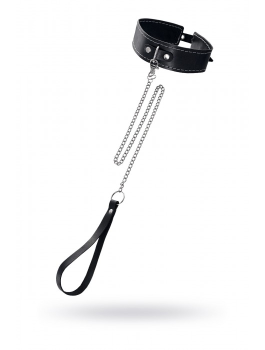 Кожаный двухслойный ошейник с белой строчкой и поводком - Pecado - купить с доставкой в Майкопе