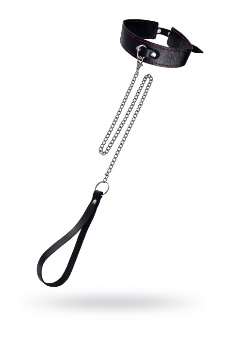 Кожаный двухслойный ошейник с красной строчкой и поводком - Pecado - купить с доставкой в Майкопе