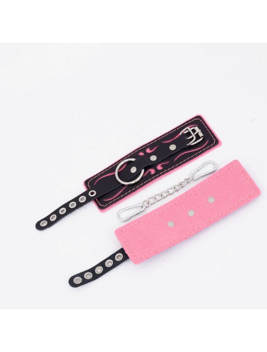 Черно-розовые кожаные наручники с розовой строчкой - Crazy Handmade - купить с доставкой в Майкопе