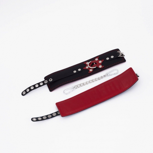 Черные кожаные оковы с красным декором и строчкой - Crazy Handmade - купить с доставкой в Майкопе