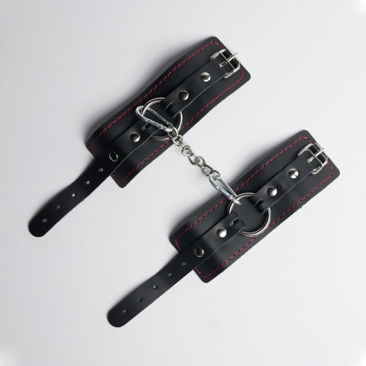 Черные кожаные наручники с красной строчкой - Crazy Handmade - купить с доставкой в Майкопе
