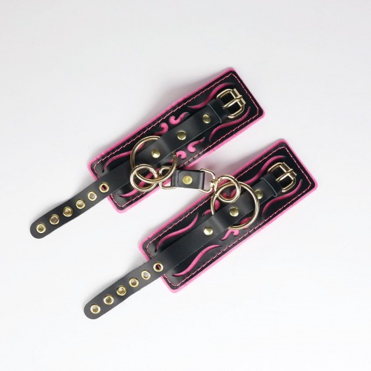 Черные кожаные наручники с розовой строчкой - Crazy Handmade - купить с доставкой в Майкопе