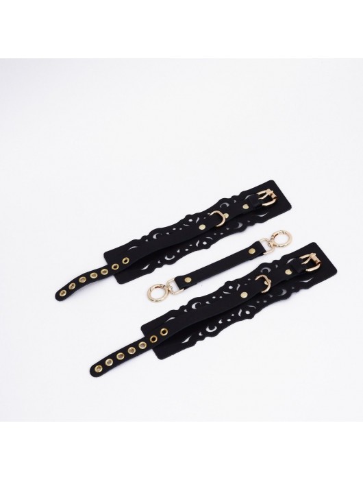 Черный кожаные оковы с узорами и золотистой фурнитурой - Crazy Handmade - купить с доставкой в Майкопе