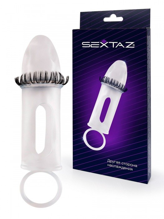 Закрытая насадка на пенис с подхватом мошонки и стимулирующими «ресничками» - Sextaz - в Майкопе купить с доставкой