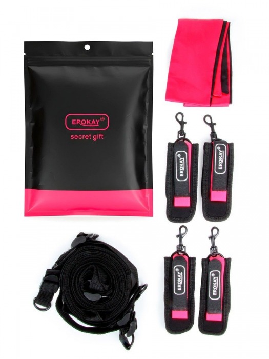 Черно-розовый эротический набор: фиксатор, оковы, наручники, повязка - Erokay - купить с доставкой в Майкопе