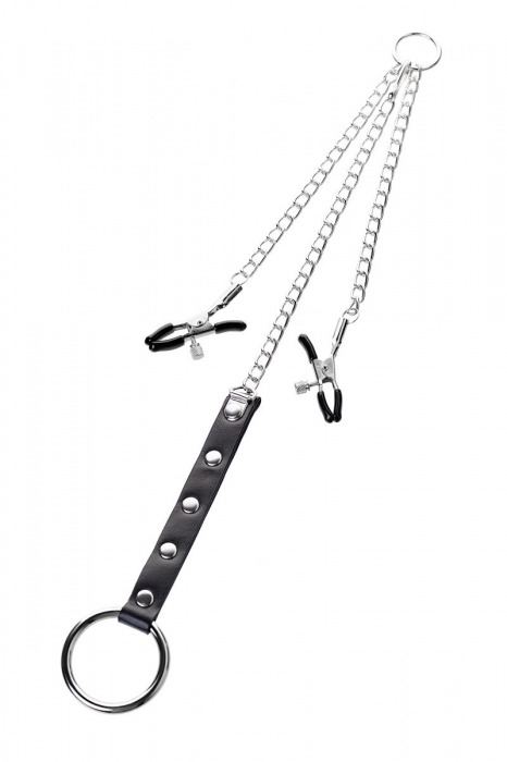 Серебристо-чёрные зажимы для сосков с кольцом для пениса TOYFA Metal - ToyFa - купить с доставкой в Майкопе