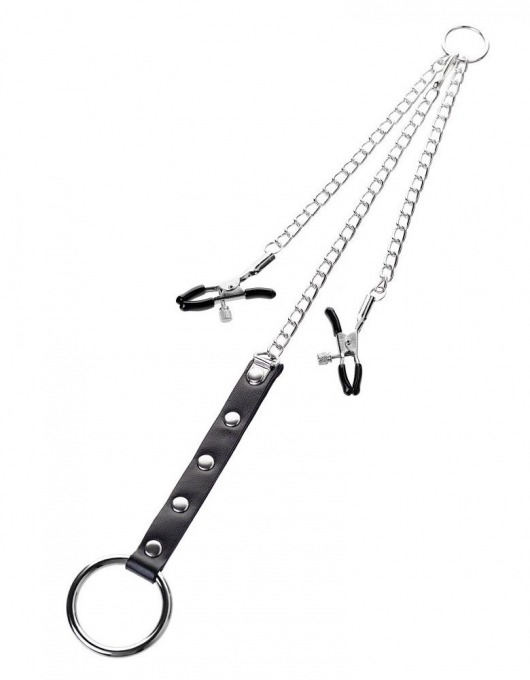 Серебристо-чёрные зажимы для сосков с кольцом для пениса TOYFA Metal - ToyFa - купить с доставкой в Майкопе